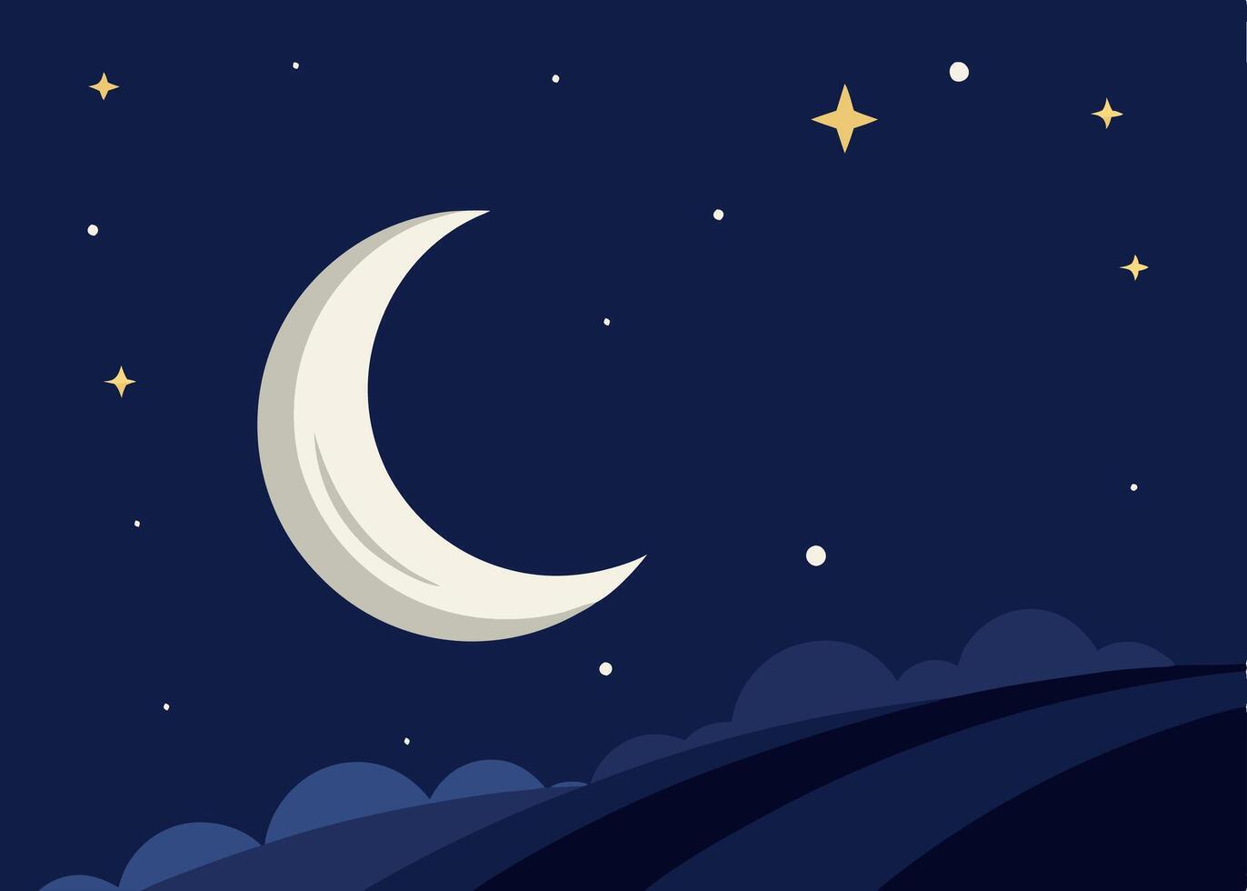 Flat Illustration startrail with a quarter moon, nightday silhouette background vector