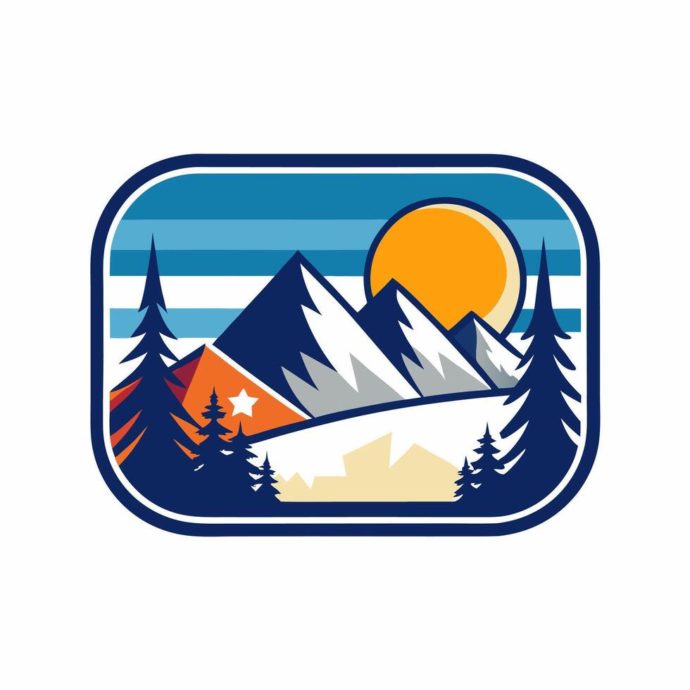Winter season badge logo with sun and mountain for your design vector