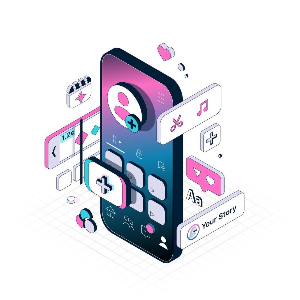 Mobile App for Create and Edit Short Clips. Isometric illustration. Interface elements in different dimension vector