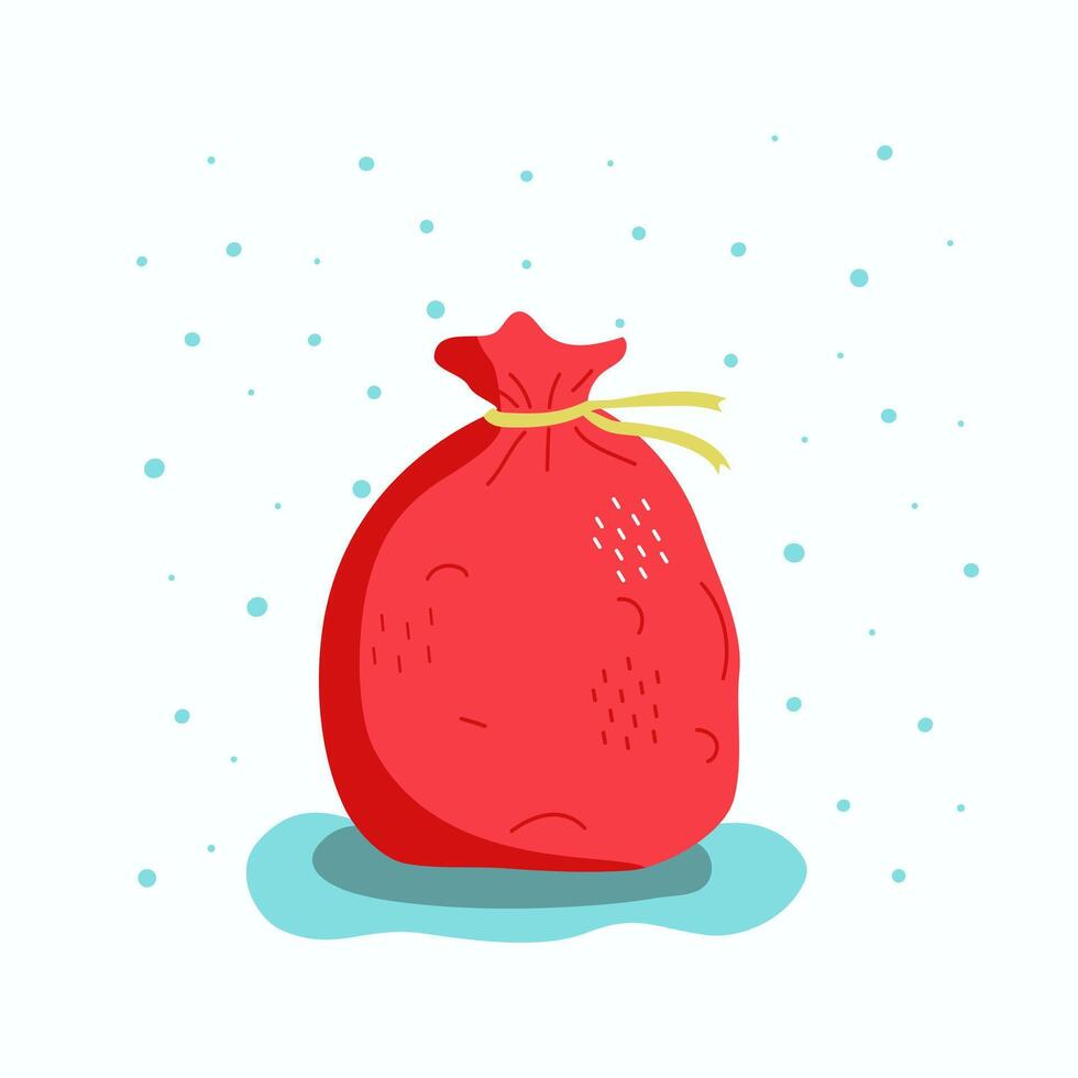 Santa's red sack, gifts. Signed postcard, Winter, illustration, snow. New Year, Christmas, snowflakes. Isolated background. Boxing day. vector
