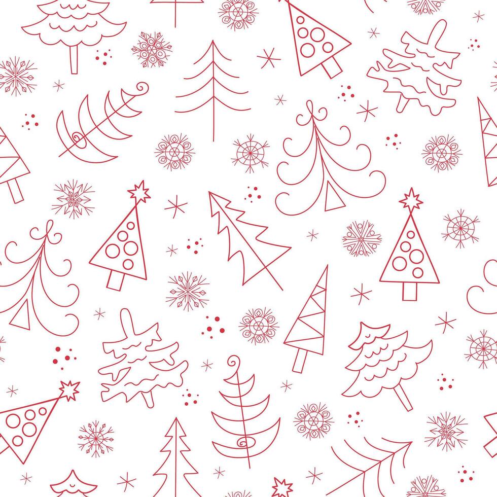 Pattern Christmas fir. Set of Christmas trees and snowflakes in doodle style. Icons. New Year seamless background. For decoration of gift wrapping, textiles, wallpaper. vector