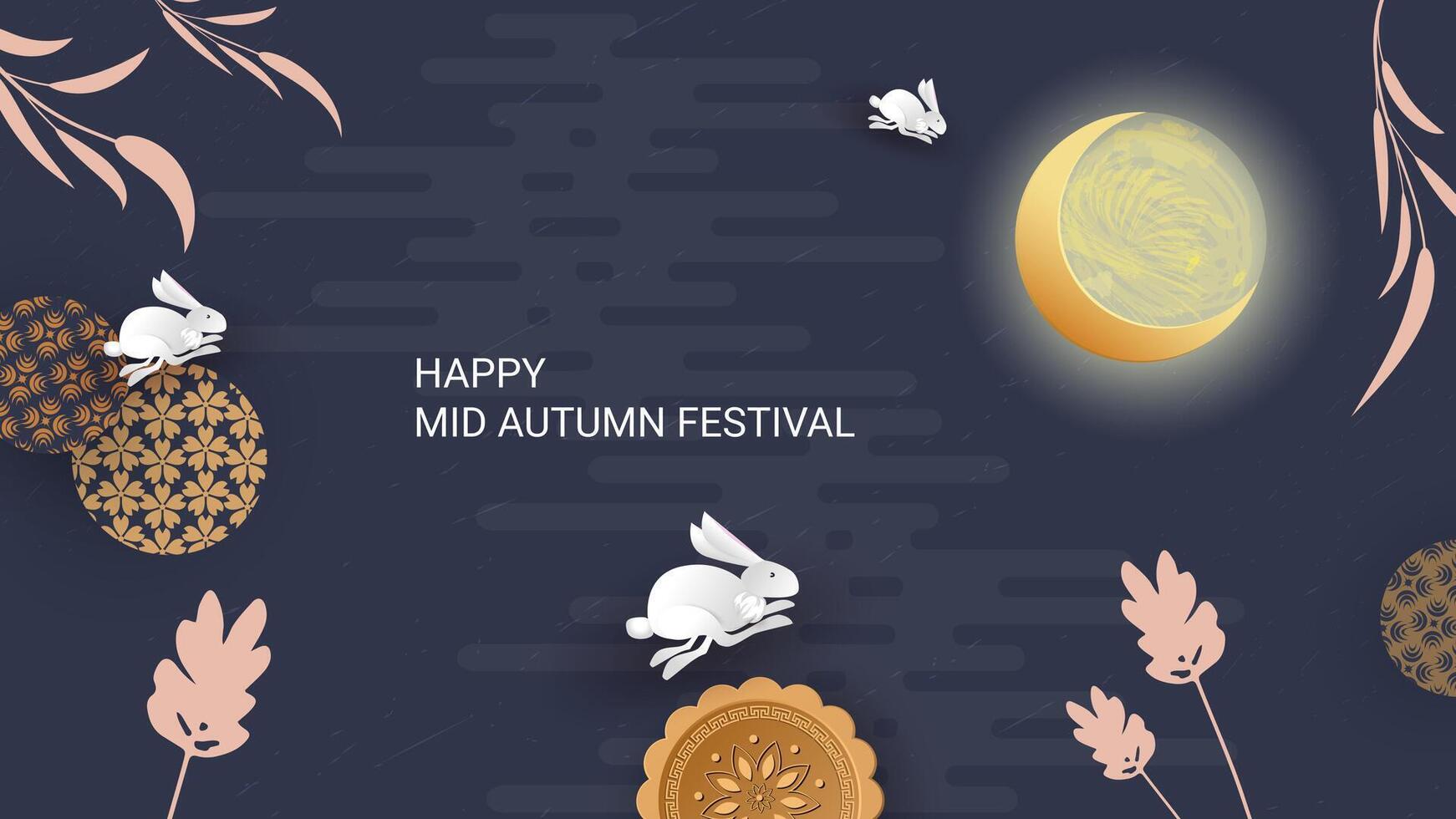 Trendy mid autumn festival design with full moon, cute bunnies, lines on dark blue background. Traditional patterns. Translation from Chinese - Mid-Autumn Festival. vector
