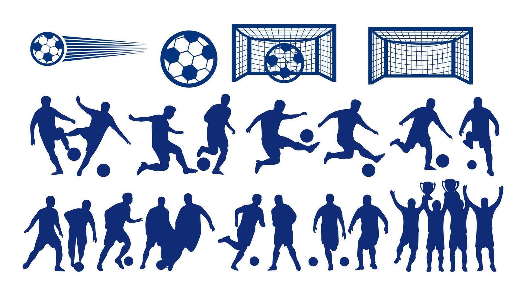 Football Player Technique Silhouettes in Various Action Poses with A Focus on Ball Skills and Active Movement vector
