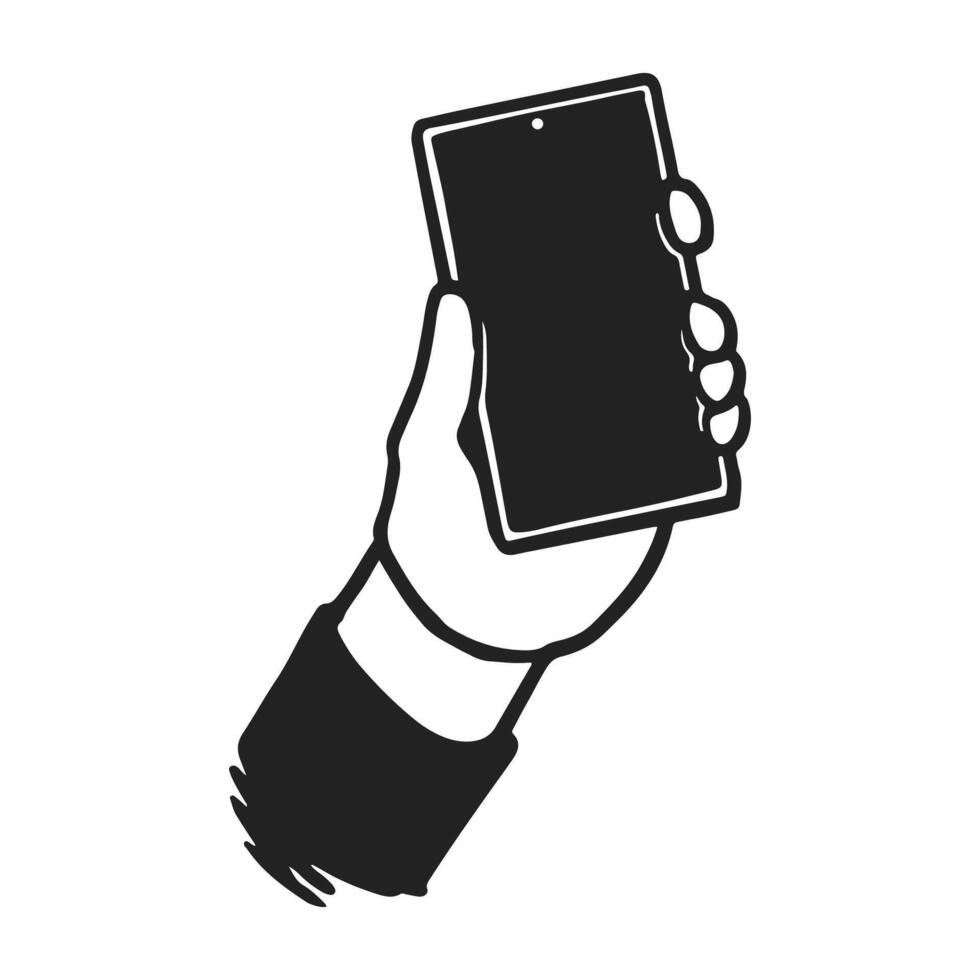 Hand Holding Smartphone with Blank Screen. Doodle drawing cartoon icon in black and white vector