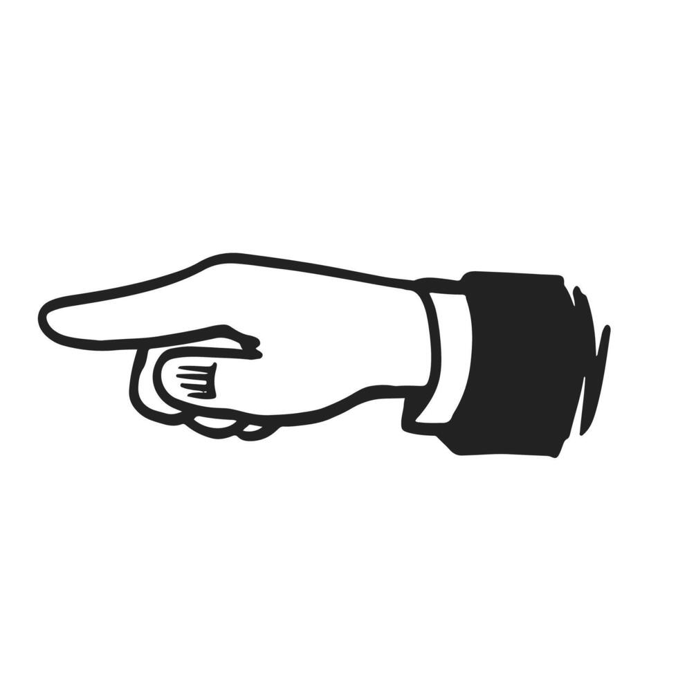 Pointing Hand Direction Sign. doodle hand drawn in black and white drawing. vector