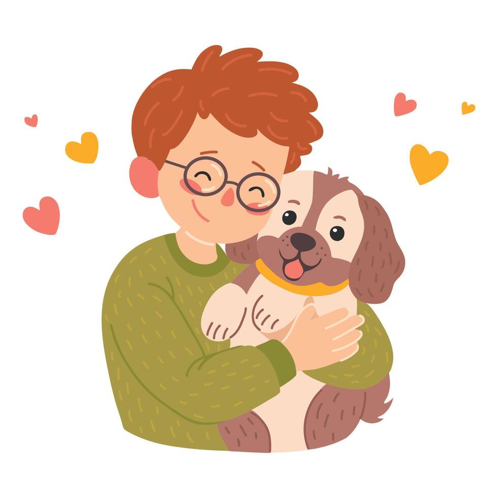 Boy hug dog. Young man hugging puppy with love. Kid and dog illustration, children puppy friend, pup animal owner happy child cartoon illustration vector
