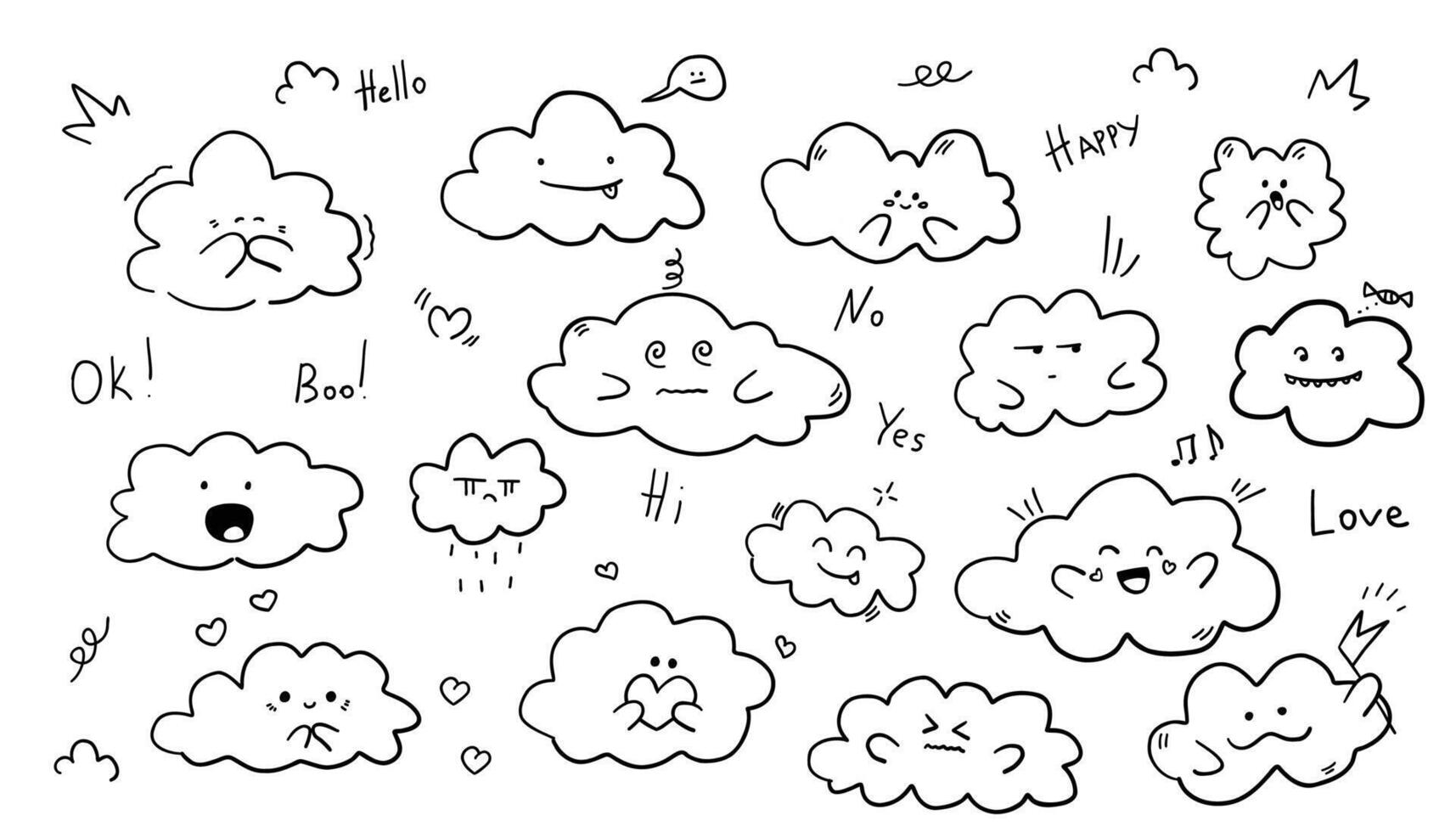 Cute and kawaii cloud. Cute cloud characters set. Cloud symbols, weather icons, nature design. Set of cute pen line doodle element . vector