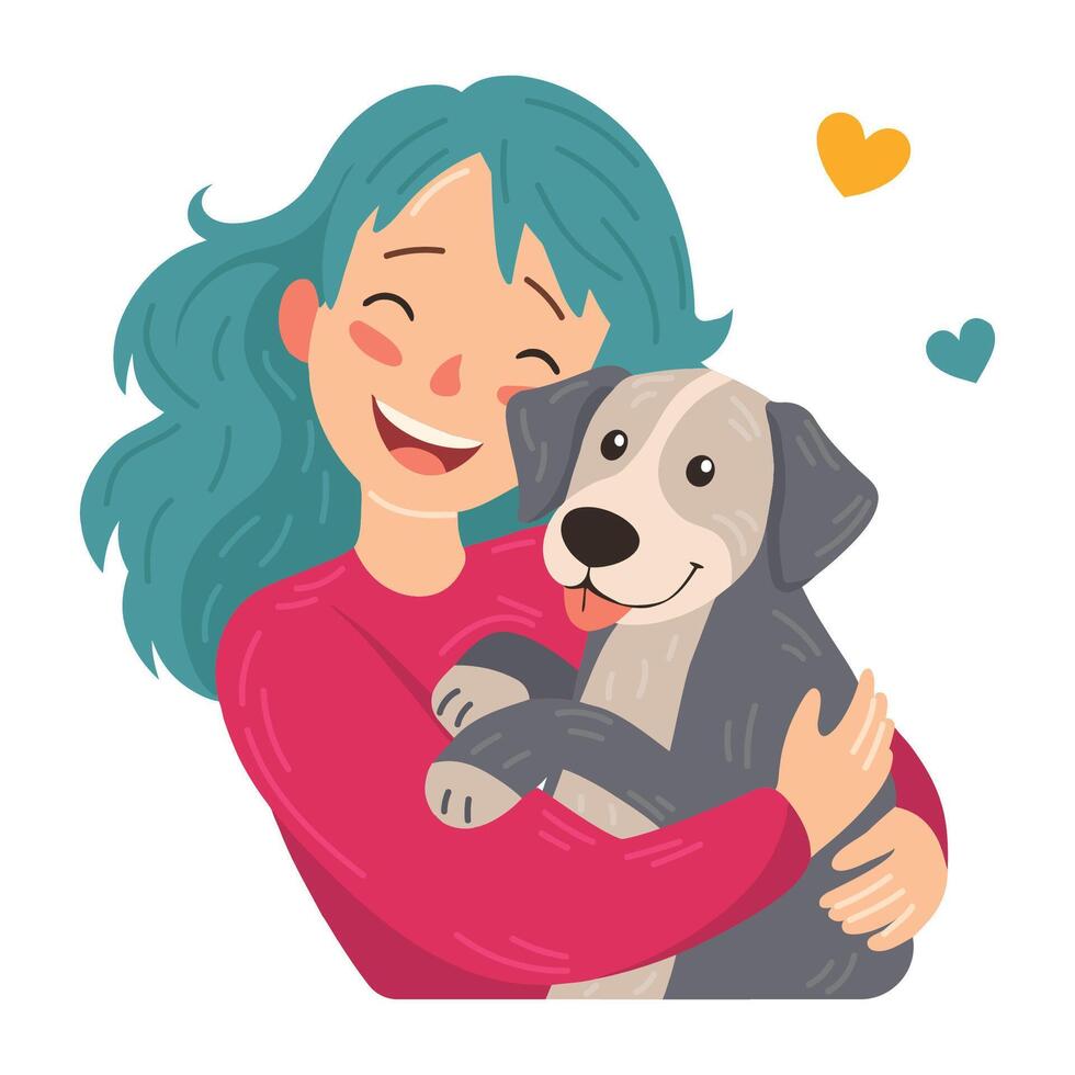 Cartoon illustration of woman hugs her dog with love, the concept of the relationship between people and their pets, adopt, shelter. A happy woman hugs her dog vector