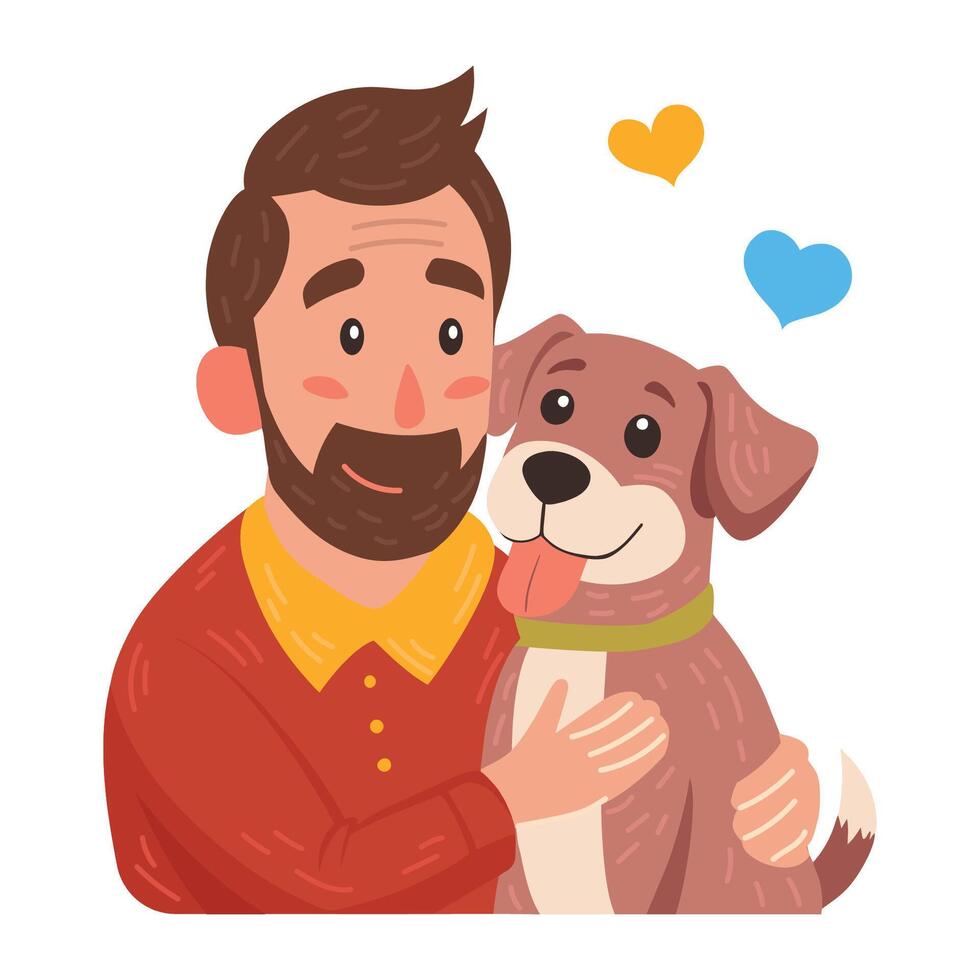Happy pet owners. A young man hugs a dog. Cute flat illustration. vector
