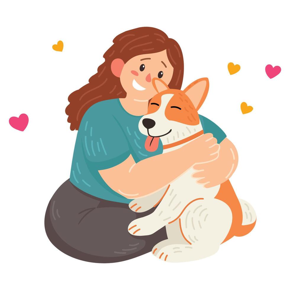 Cartoon illustration of woman hugs her dog with love, the concept of the relationship between people and their pets, adopt, shelter. A happy woman hugs her dog vector