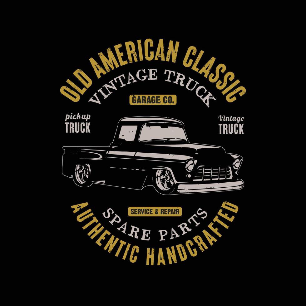 American Vintage Picup Truck tee-shirt Typography Design. Old trucks illustration vintage cars label graphics. Retro pickup car logo style prints poster, template, background. vector