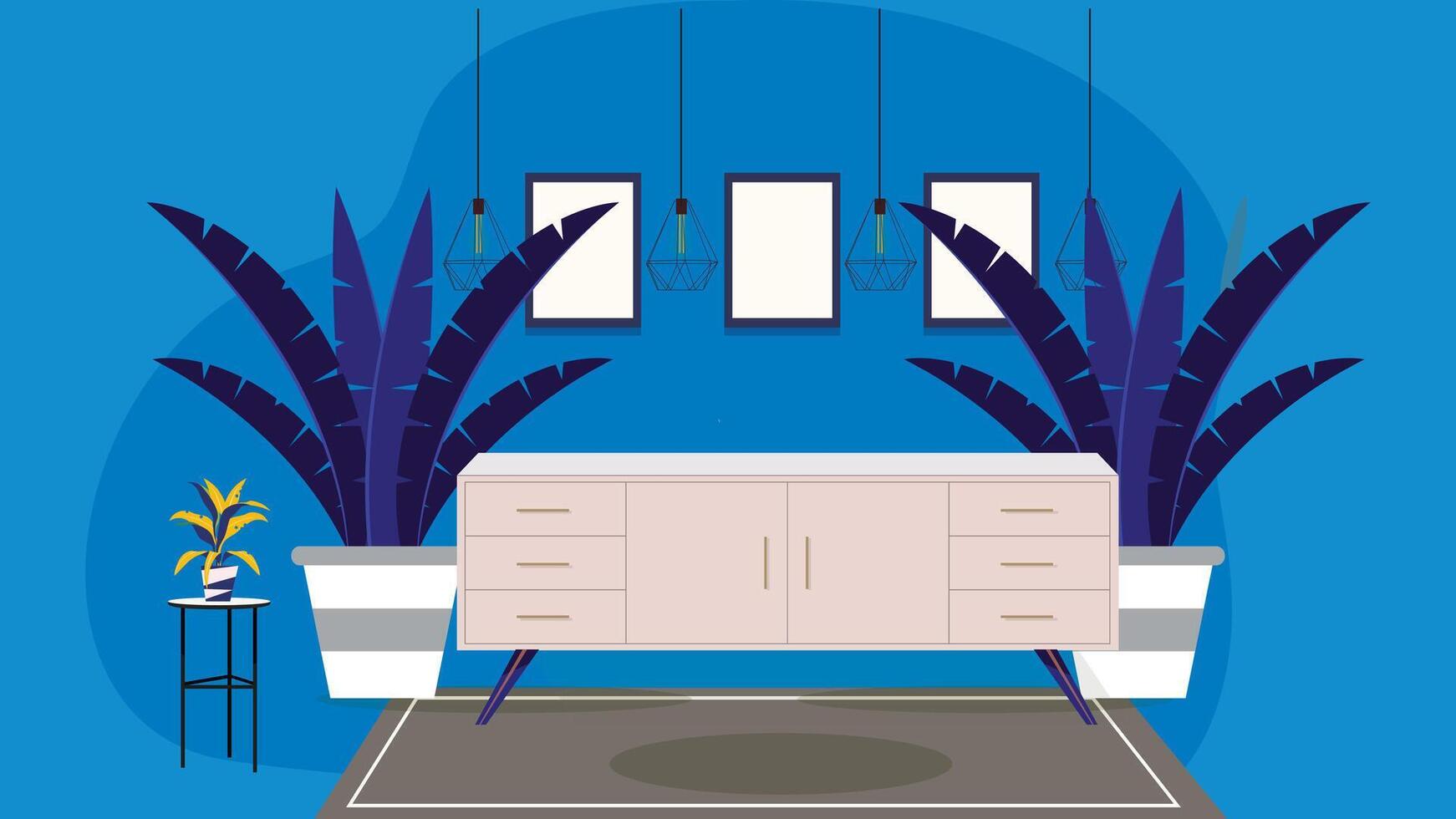 A blue room with a dresser and plants vector