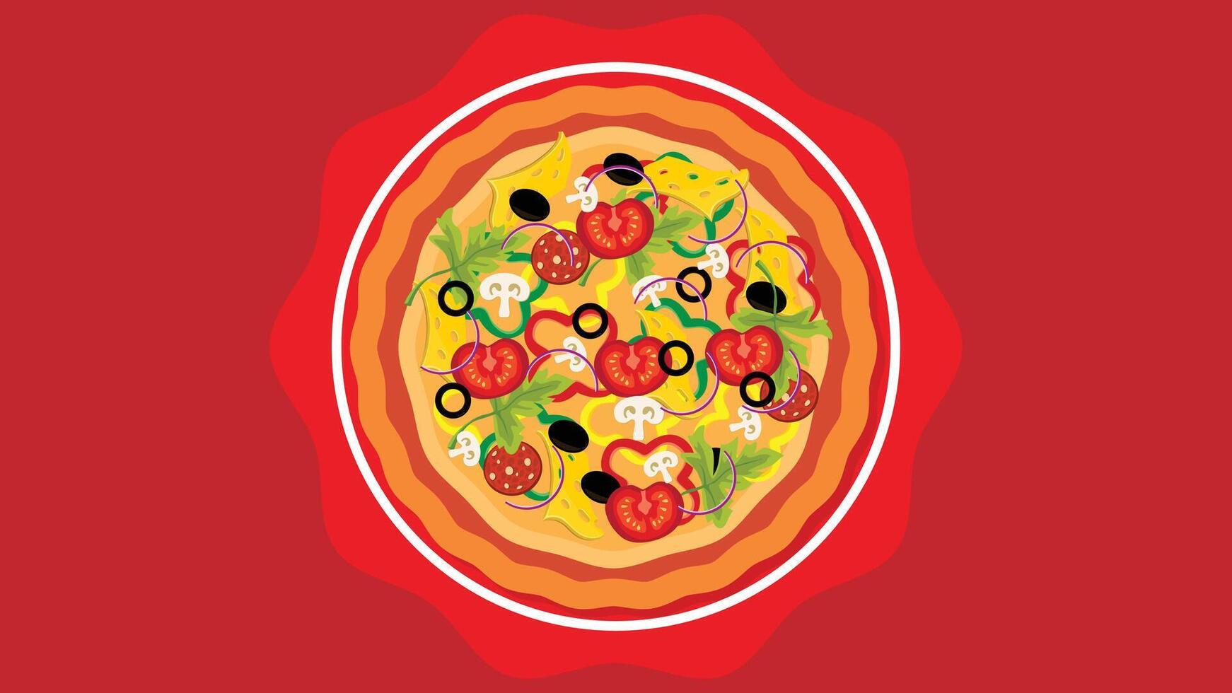 Pizza with olives and tomatoes on a red background vector