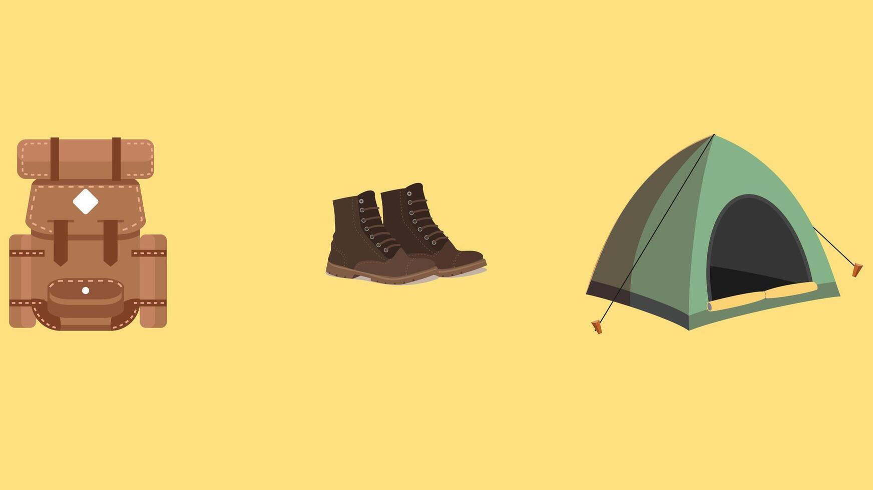 a set of camping gear including a tent, boots and a backpack vector