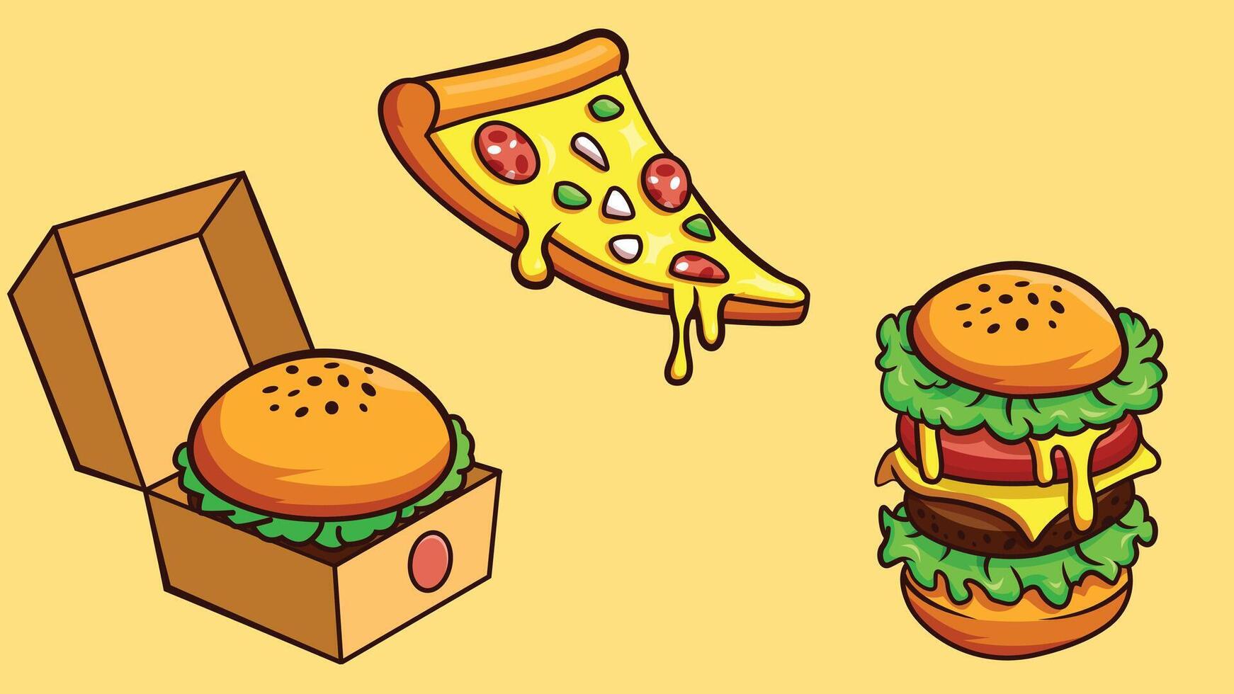 A hamburger, pizza and a box with cheese vector