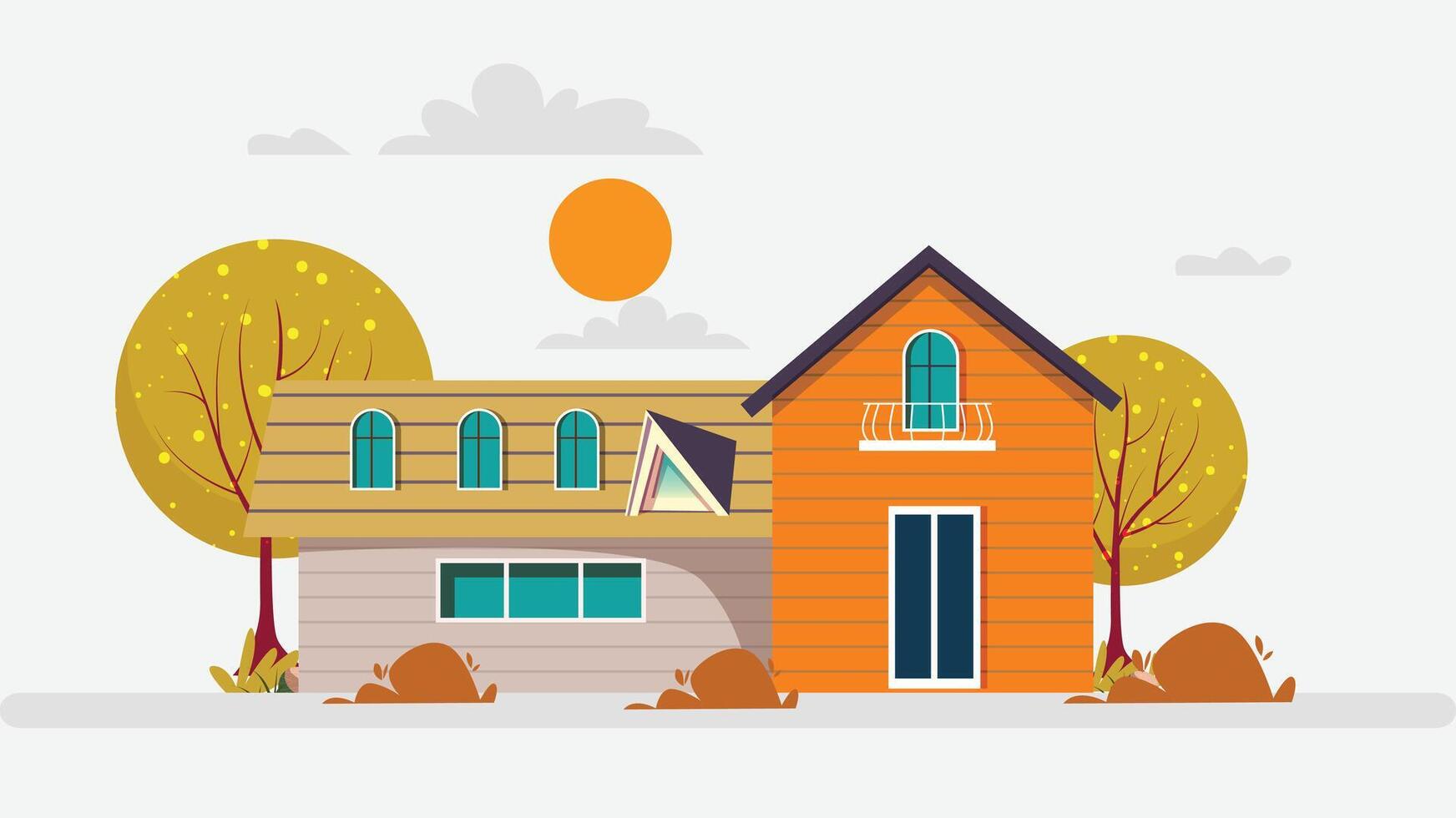 an illustration of a house with trees and a sun vector