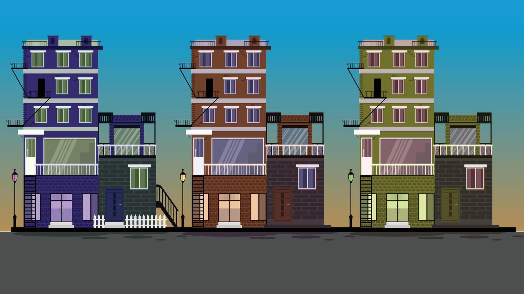 three different colored buildings in a row vector