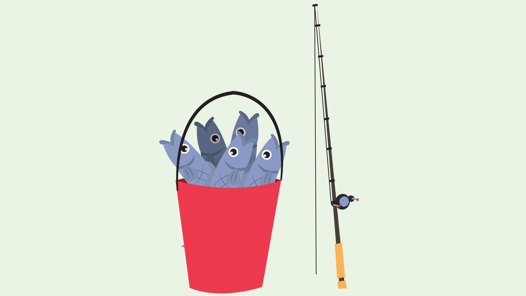 A bucket full of fish and a fishing rod vector