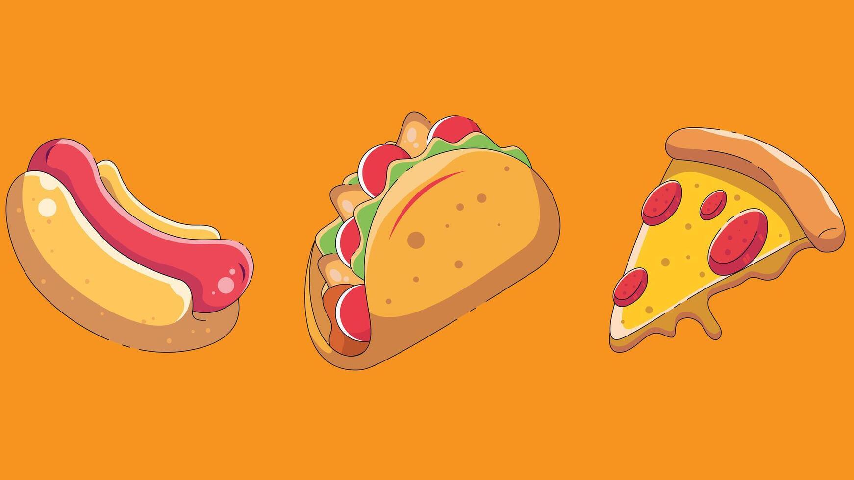 Hot dogs, pizza and hot dog on orange background vector
