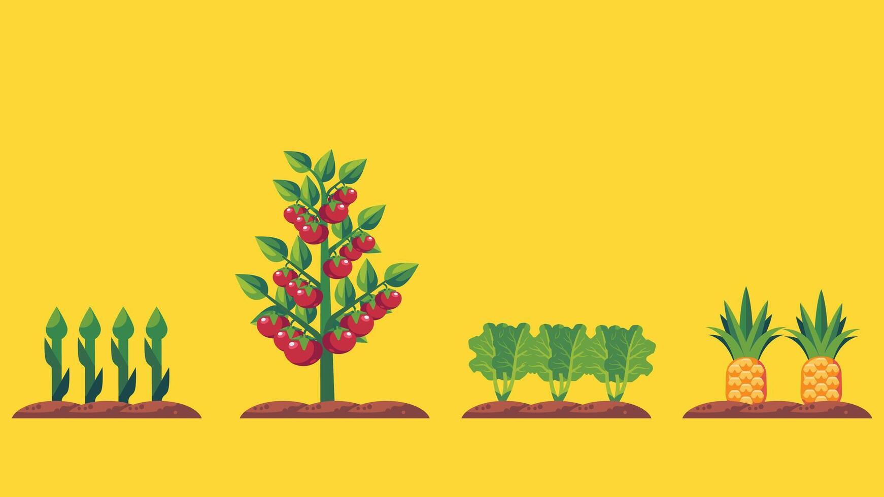 a variety of vegetables and fruits are growing in the ground vector