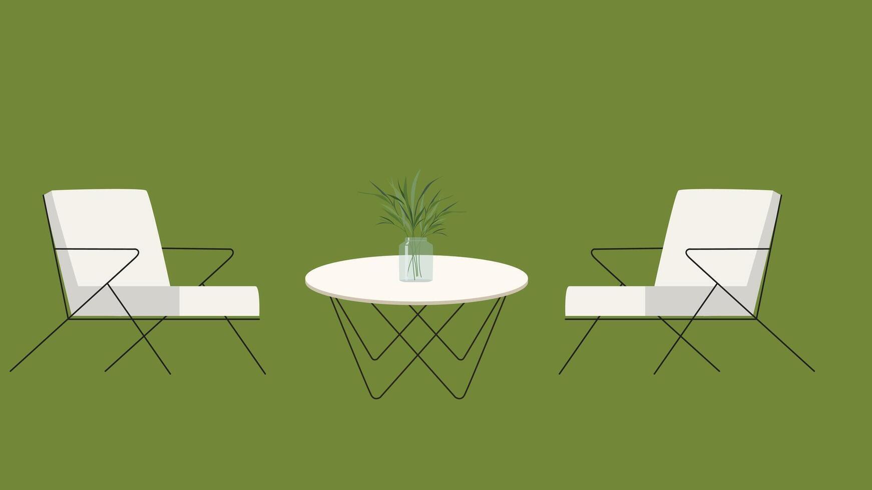 Two chairs and table with plant on green background vector