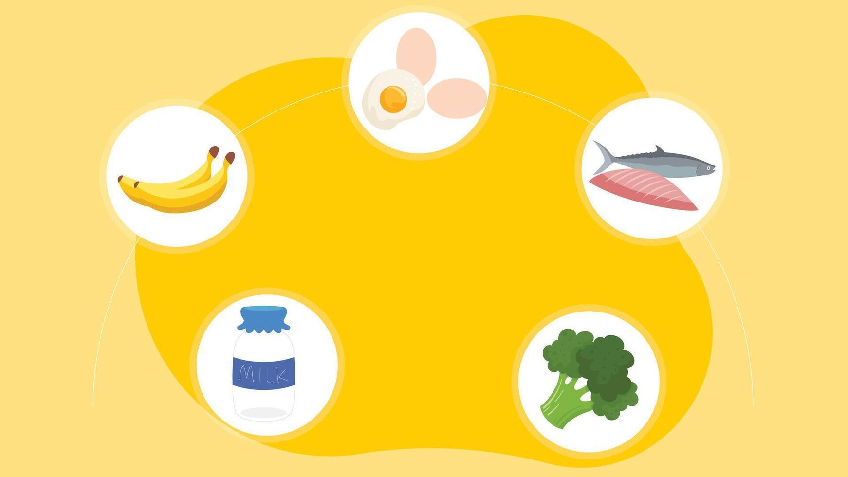 a yellow background with various foods in it vector