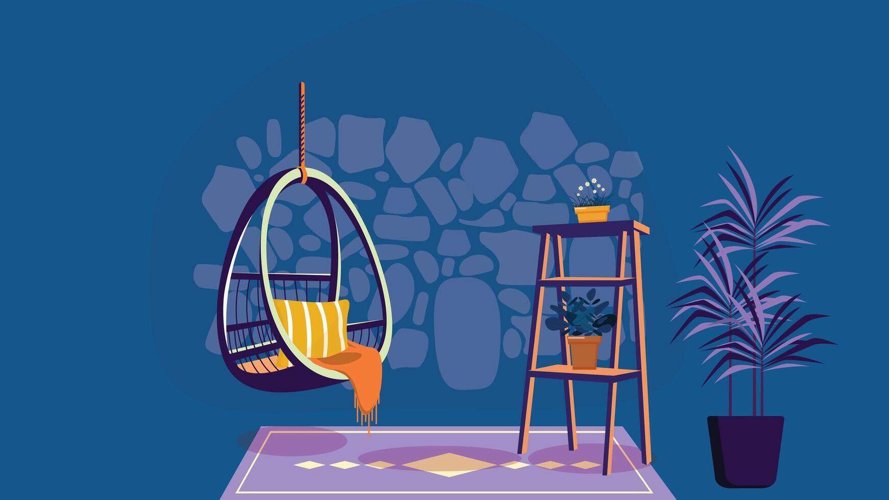 A hanging chair and a plant on a rug vector