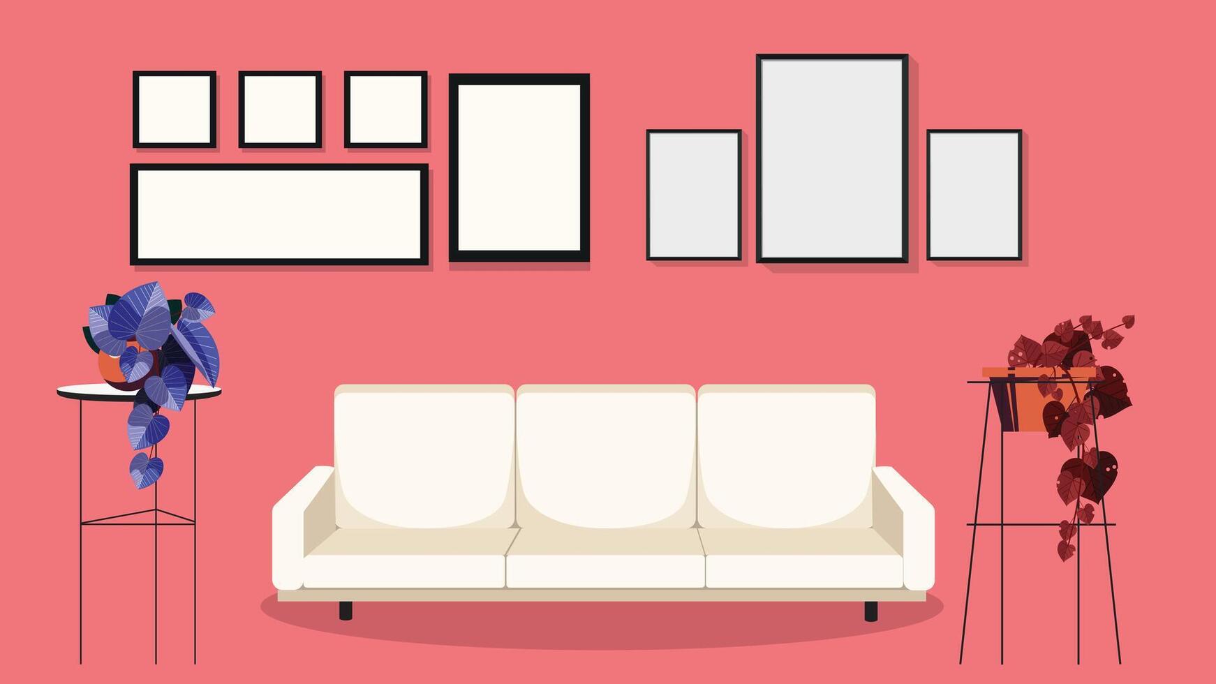 A living room with a couch, pictures and a vase vector