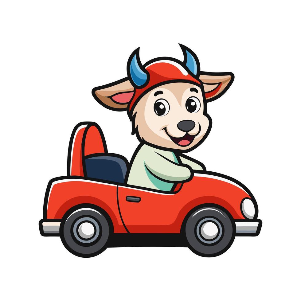 cute goat logo riding a car vector