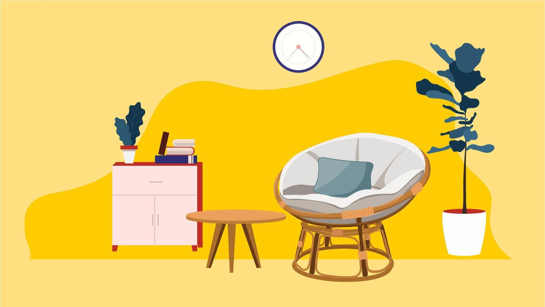 a yellow wall with a chair, table and clock vector