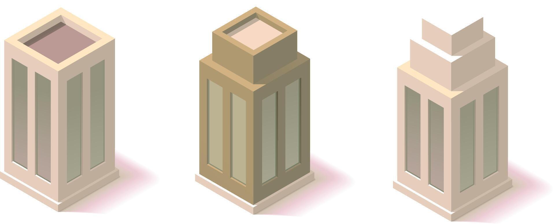 isometric skyscrapers city buildings illustration with three variations vector