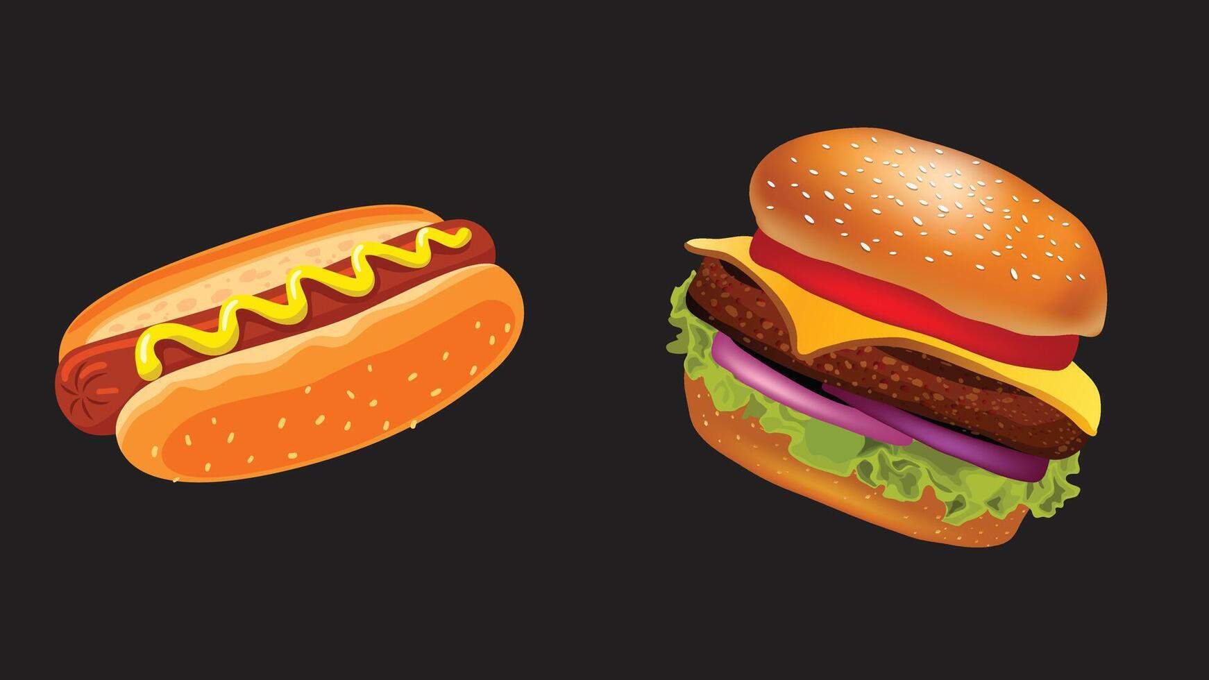 Two hamburgers and a hot dog on a black background vector