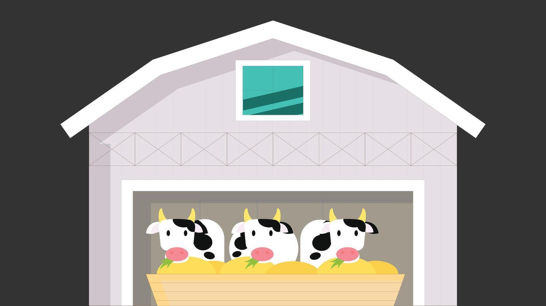a cartoon of cows in a barn eating food vector