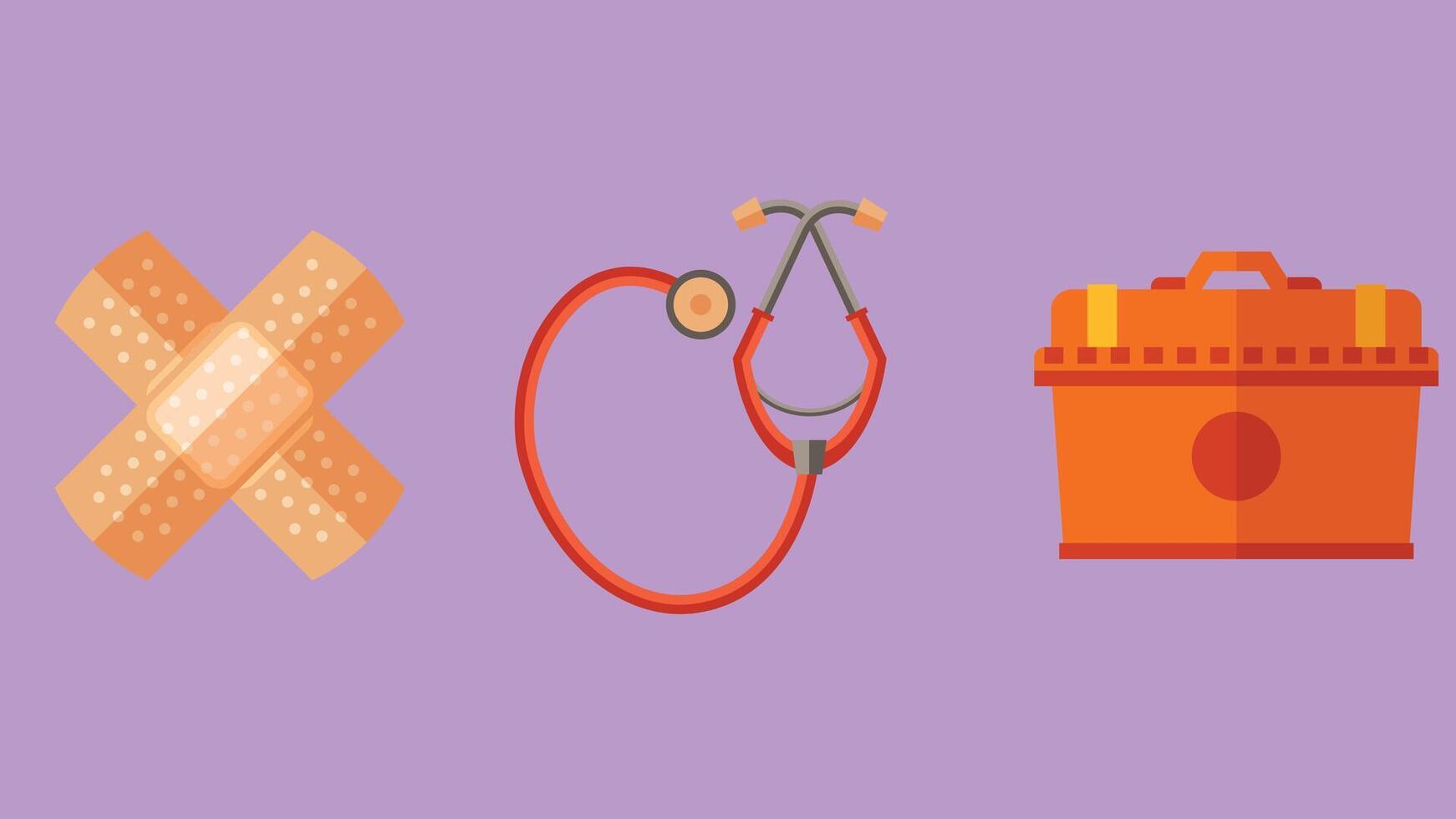 a set of medical items including a stethoscope, bandages and a box vector