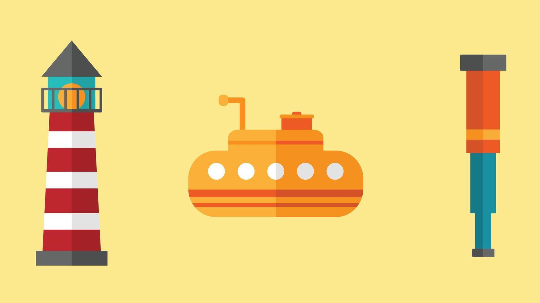 a set of flat icons depicting a lighthouse, a boat and a pencil vector