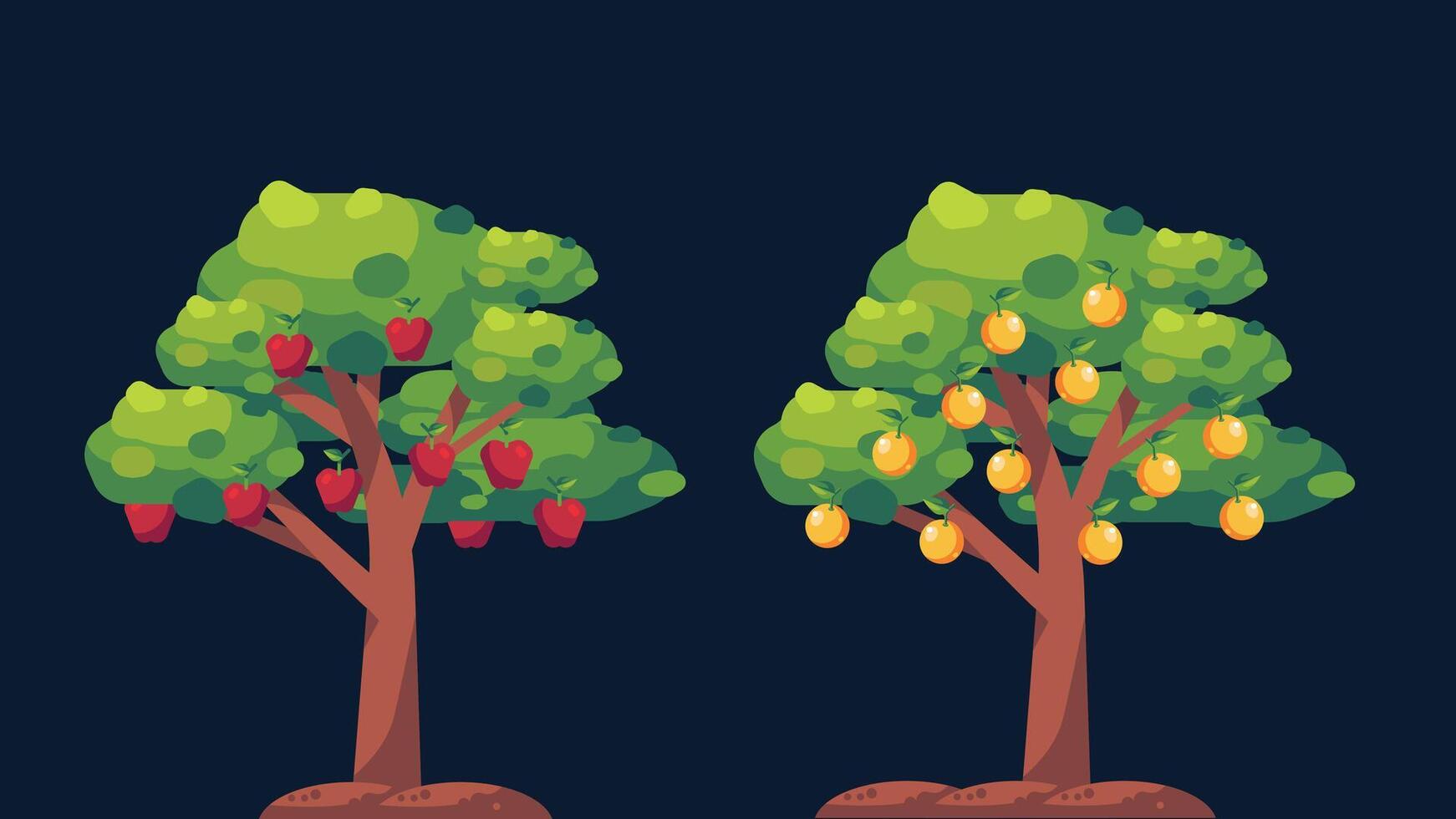 Two trees with fruit on them, one with a yellow fruit and one with a red fruit vector