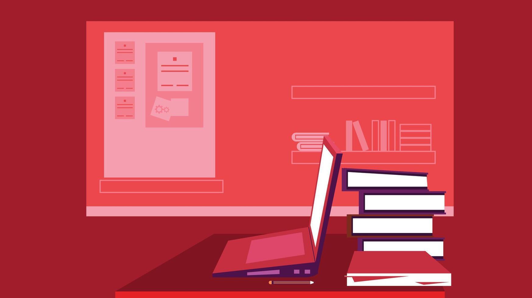 a laptop sitting on a desk with books and a bookcase vector