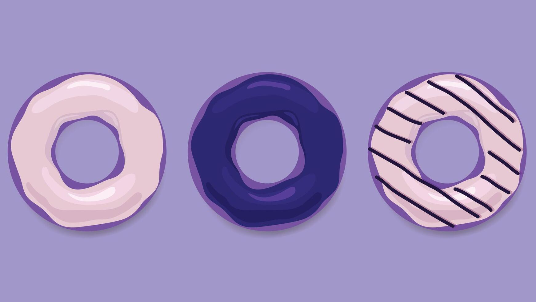 Three donuts with different colors on a purple background vector