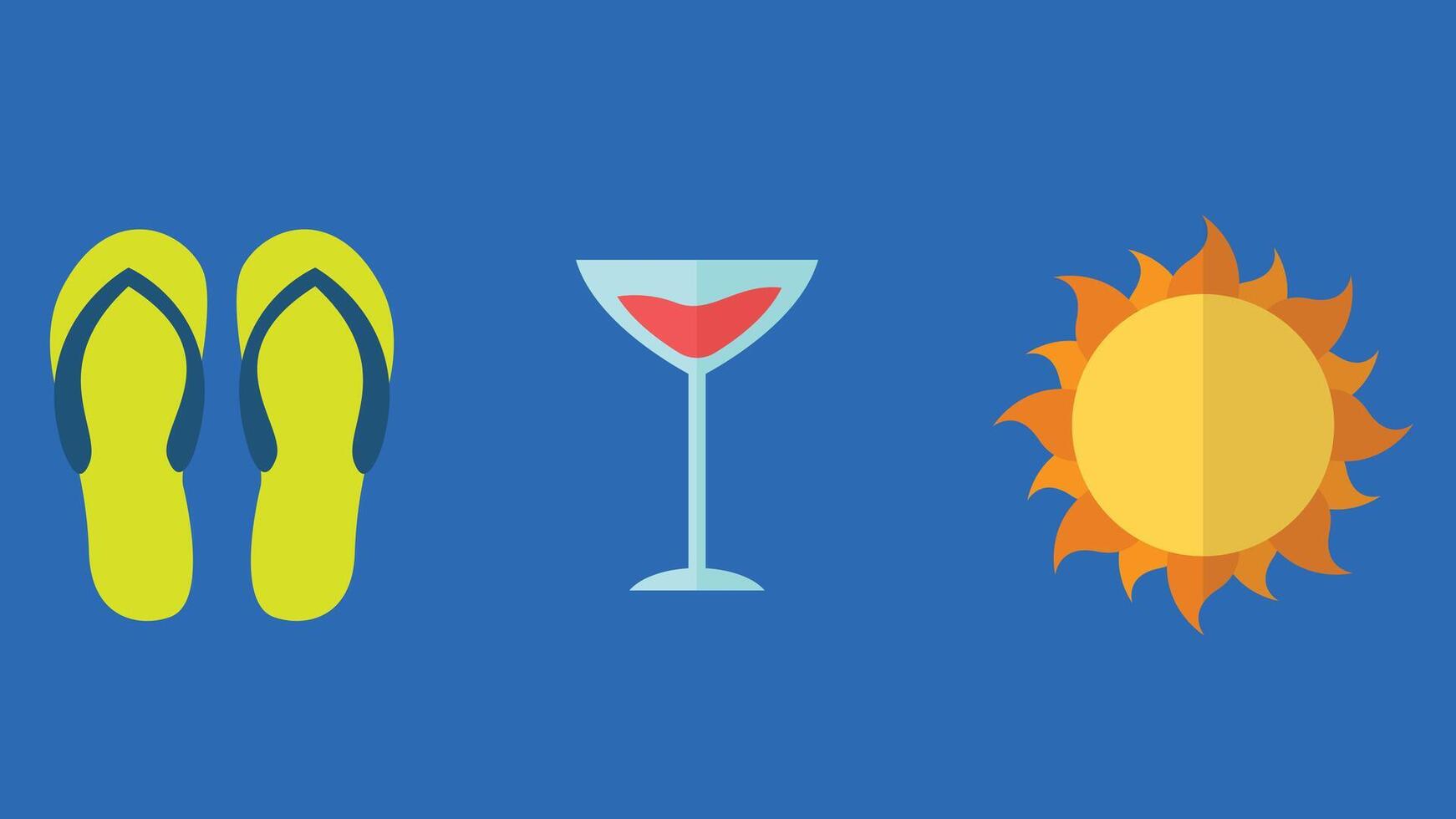 a blue background with a sun, flip flops and a glass of wine vector