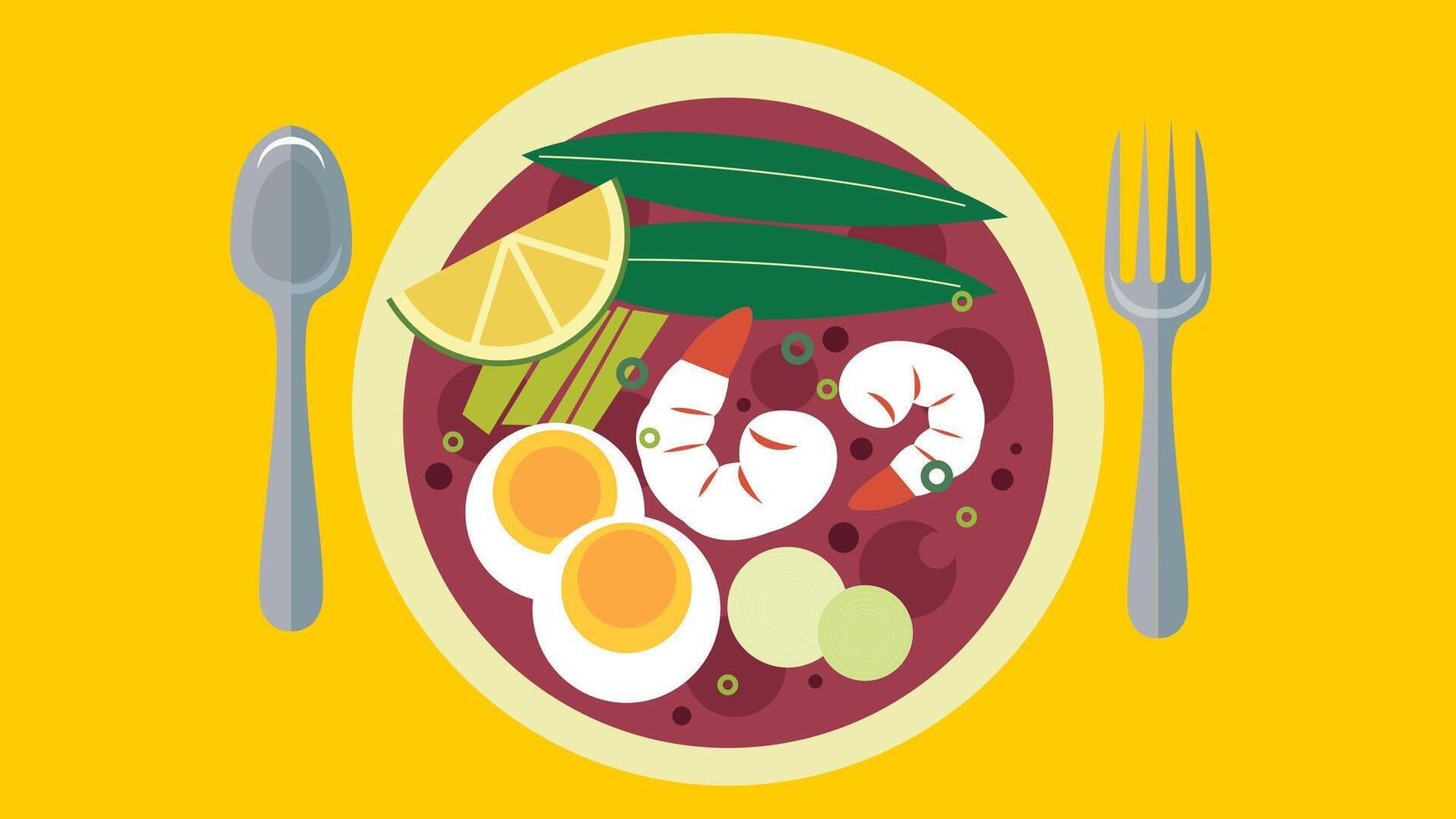 a plate with food and utensils on a yellow background vector