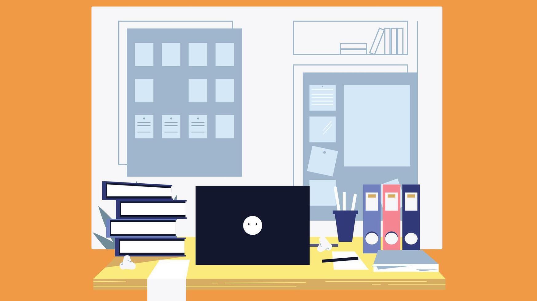 an illustration of a desk with a laptop and books vector