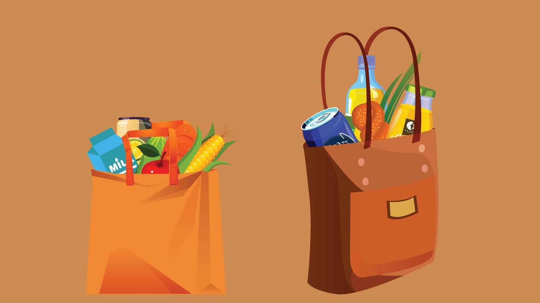 two bags of groceries are shown on a brown background vector