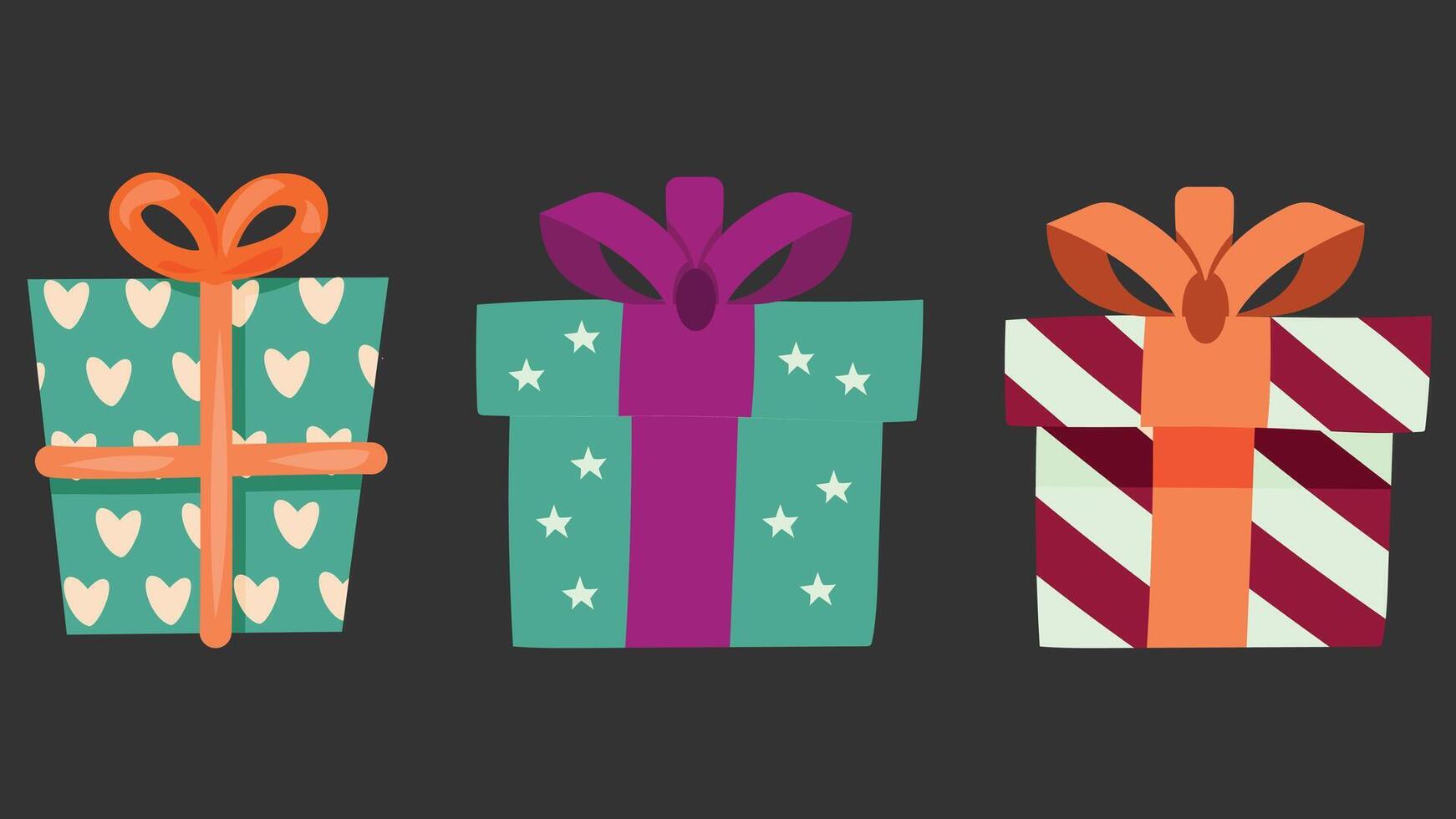 three gift boxes with ribbons and bows on a black background vector