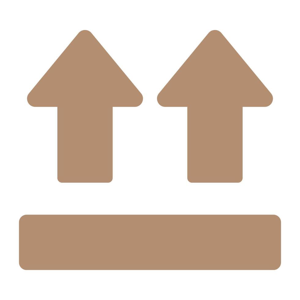 Two brown arrows pointing upwards above a horizontal brown line, representing the upload action in digital interfaces vector