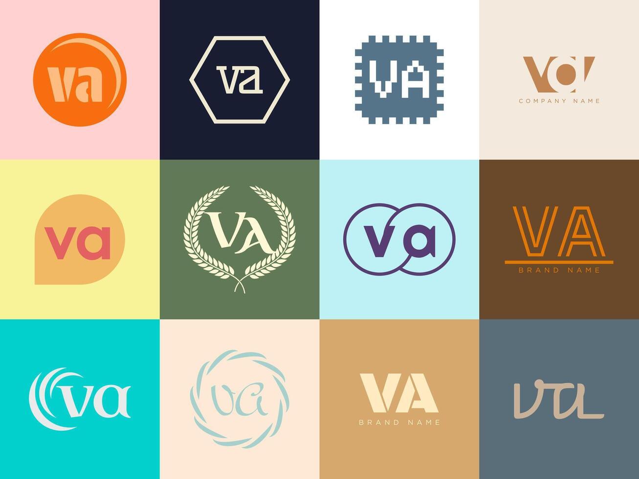 VA logo company template. Letter v and a logotype. Set different classic serif lettering and modern bold text with design elements. Initial font typography. vector