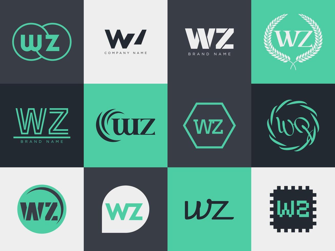 WZ logo company template. Letter w and z logotype. Set different classic serif lettering and modern bold text with design elements. Initial font typography. vector