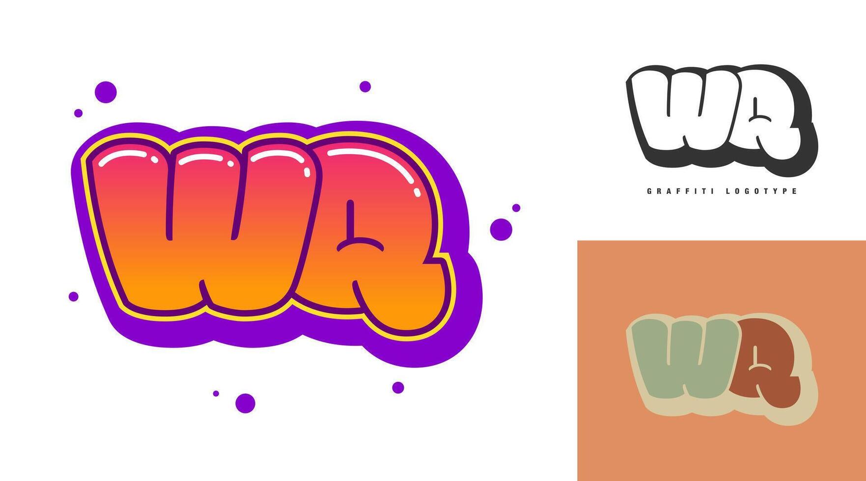 WQ logo design for festival or party. Initial letter w and q in graffiti style. Creative modern lettering company name of font typography. Kids trendy logotype or identity. vector