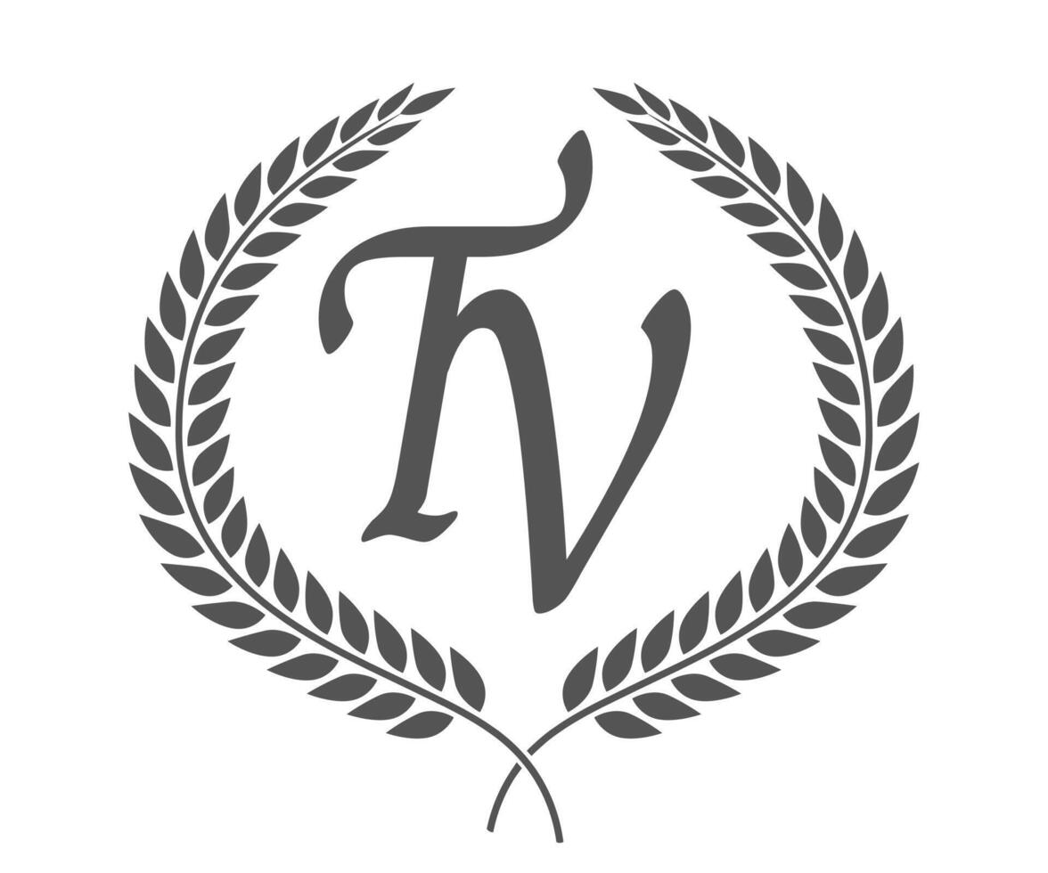 Initial letter T and V, TV monogram logo design with laurel wreath. Luxury calligraphy font. vector