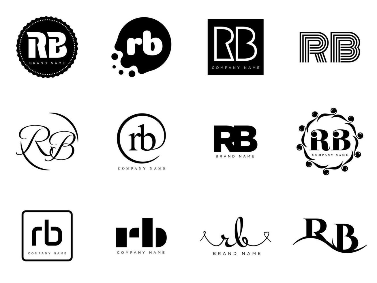 RB logo company template. Letter r and b logotype. Set different classic serif lettering and modern bold text with design elements. Initial font typography. vector