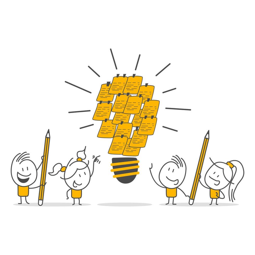 Business people brainstorming with sticky notes combined with bright light bulb idea. vector